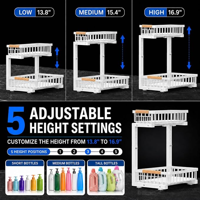 Under Sink Organizer, Pull Out Kitchen Storage Cabinet Organizer, 2-Tier Metal Slide Out Shelf for Bathroom Laundry Kitchen Storage with Drawers, 11.8"W x 15.9"D x 13.8-16.9"H, White, 2 Pack