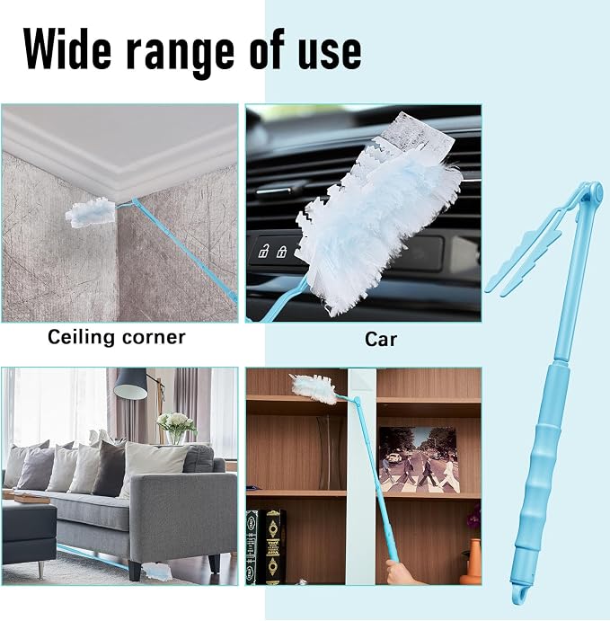 Colingmill 4 Pcs 3 ft Replacement Handles Compatible with Duster Refills, Long Extended Handle Only, Adjustable Length for Ceiling Fans, Blinds, Shelves, Windows, Foldable & Extendable (Sky Blue)
