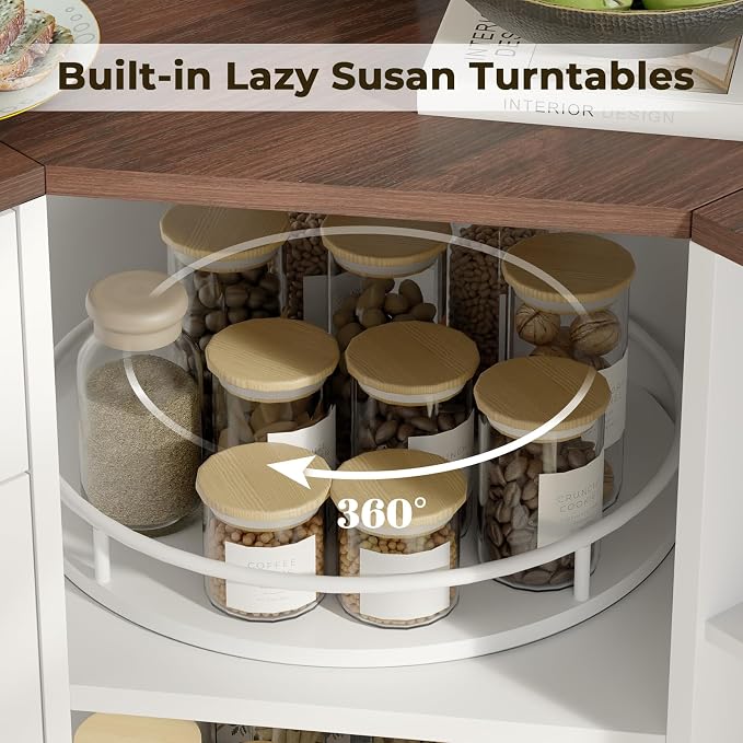 Loomie Corner Cabinet w/Charging Station, Kitchen Pantry Cabinet w/2 Tier Lazy Susan Turntable, Farmhouse Food Pantry w/Drawer & Doors & Adjustable Shelf, L-Shaped Sideboard for Dining Room (White)