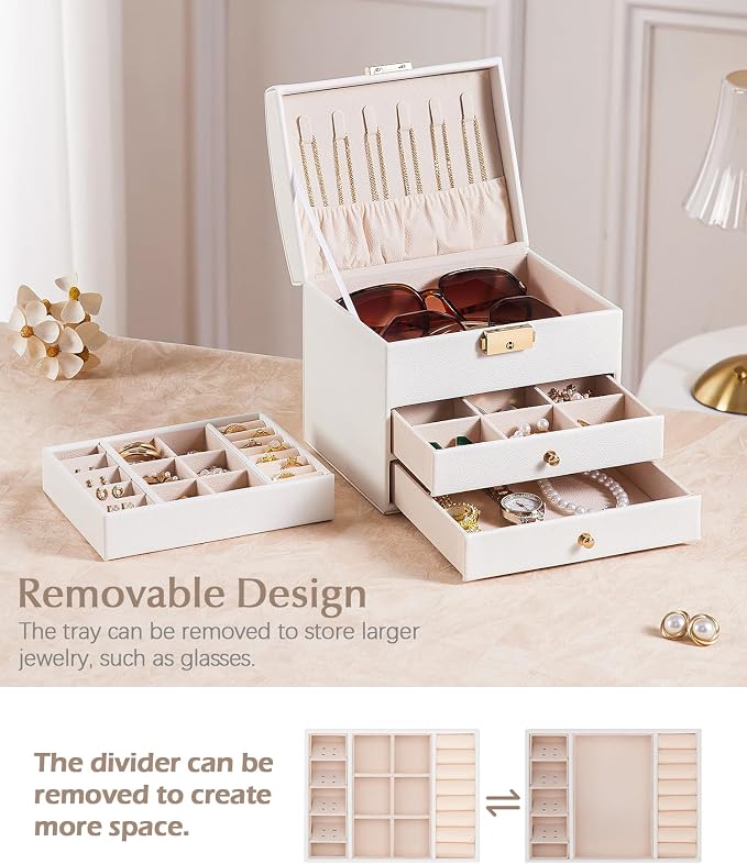 Homde Small Jewelry Box for Girls: 3-Layer Lockable Organizer (Cloud White) | Removable Tray&Dividers for Flexible Storage - Sort Earrings&Rings&Necklaces for Beginners - Birthday Gift for Teens