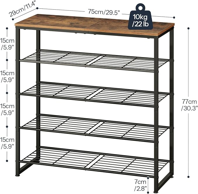 HOOBRO Shoe Rack, 5-Tier Narrow Shoe Organizer for Entryway, Holds 16-20 Pairs of Shoes, Metal Shoe Shelf with Removable Tier, Adjustable Feet, for Closet and Hallway, Rustic Brown and Black BF59XJ01