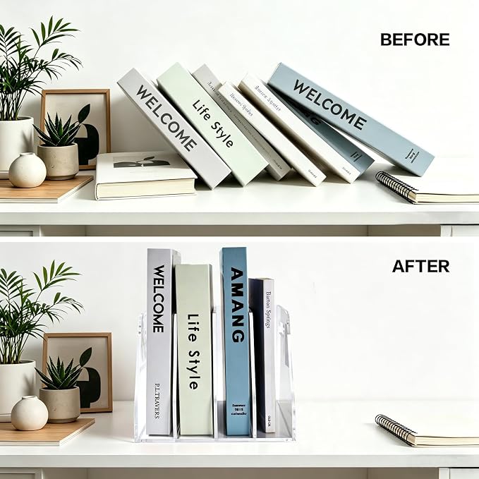 Acrylic Magazine File Holder with Carrying Handle, 4 Vertical Compartments Desk File Organizer, Clear File Sorter for Office, Magazines, Books, B5 Size