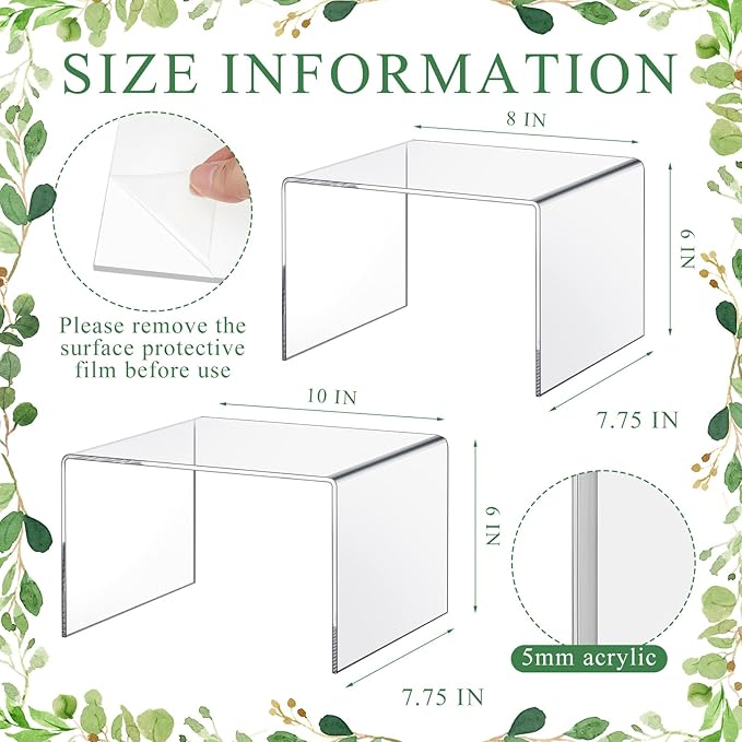 RattanView 2 Pcs 8 Inch, 10 Inch Large Acrylic Risers Display Stands 5 mm Thick Acrylic Shelf Riser Showcase for Collectibles Jewelry Cupcakes Food Figures Perfume Cabinet (Clear)