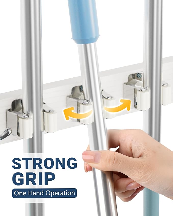 Lorbro Broom Holder Door Mount, Over the Door Broom and Mop Holder with 2 Over Door Hooks, Wood Broom Hanger, Tool Rack Organizer for Laundry, Garage, Closet, Kitchen Decor, 4 Slots & 4 Hooks Rustic