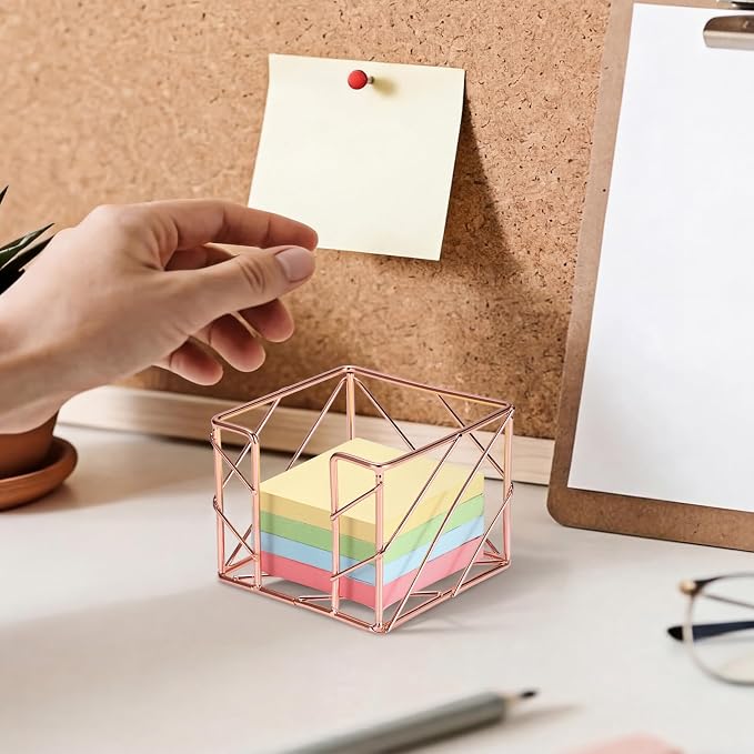 BTSKY Metal Sticky Note Holder, 3x3 Inch Post It Note Dispenser, Modern Memo Cube Holder Desk Organizer for Office & Home, Iron Sturdy Desktop Sticky Note Storage, Rose Gold