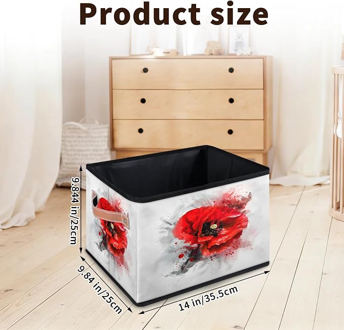 Red Flower Closet Storage Bin, Foldable Storage Baskets for Shelves, Decorative Shelf Organizer Poppy Floral Black Grey Vintage Fabric Cube Bin for Living Room Bedroom Home Dorm