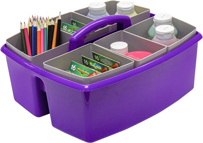 Storex Large Classroom Craft Caddy with Cups, 13 x 11 x 6.575 Inches, Purple, Case of 2 (00986A02C)