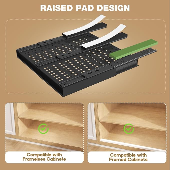 Seinloes 2 Pack Pull Out Cabinet Organizer With Raising Pad for Framed Cabinets,Expandable Width (13"-21") and Depth (17"-24"),3 Slide Rails Slide Out Drawers with Handle,No-Drill Roll Out Shelf,Black