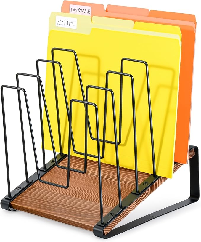 HULISEN Inclined Desk File Organizer, 5-Section Vertical File Folder Holder Stand, Metal File Sorter Rack with Wooden Base, Desktop File Organizer for Office Classroom Home Workspace