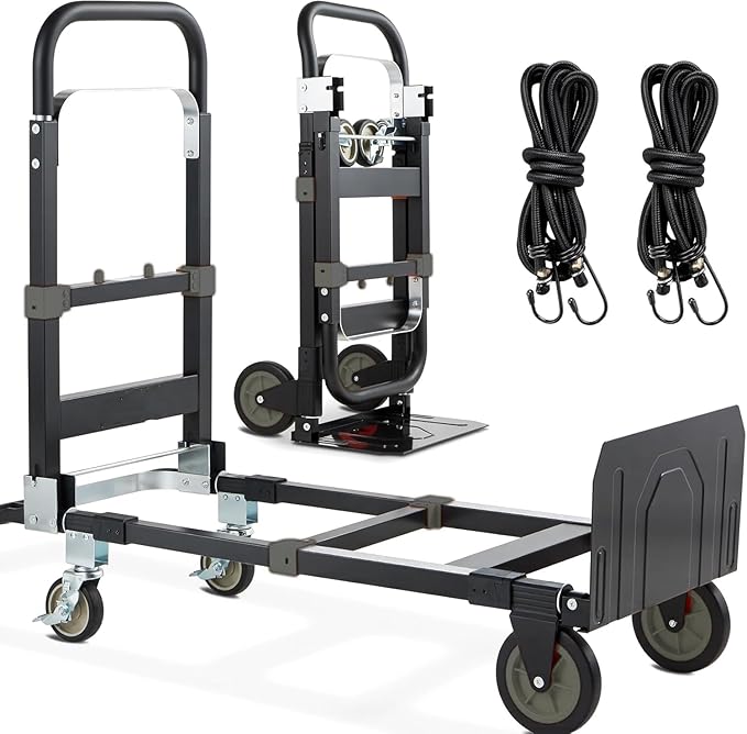 3-in-1 Folding Hand Trucks, 600Lbs Convertible Hand Truck Dolly, Heavy Duty Convertible Dolly with Retractable Handle and 4 Rubber Wheels, Collapsible Cart for Moving Office/Home/Warehous(Black)