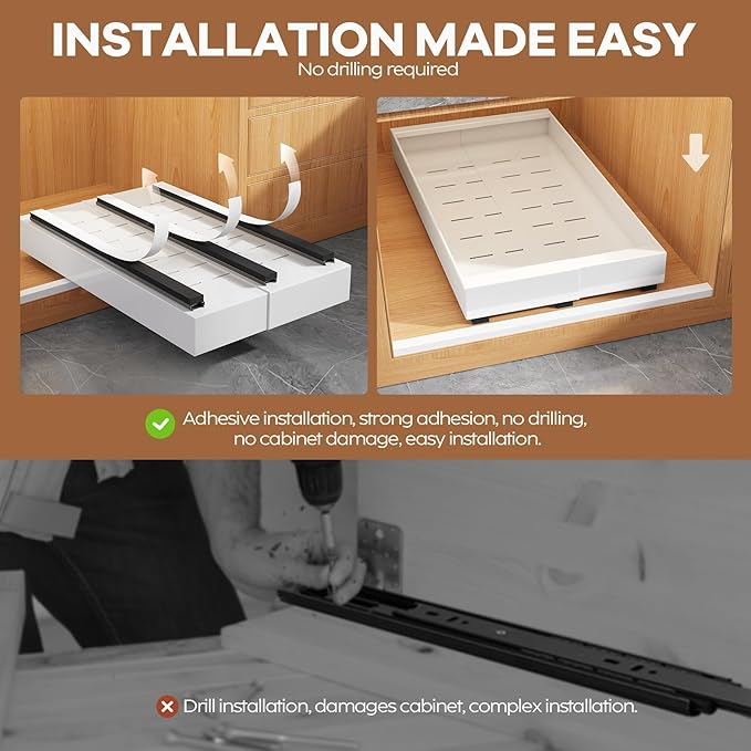 Seinloes 2 Pack Expandable (9"-14") Pull Out Cabinet Organizer 21" Deep With Raising Pad for Framed Cabinets,Upgrade 3 Slide Rails Slide Out Drawers,No Drill Roll Out Shelves Adhesive,White