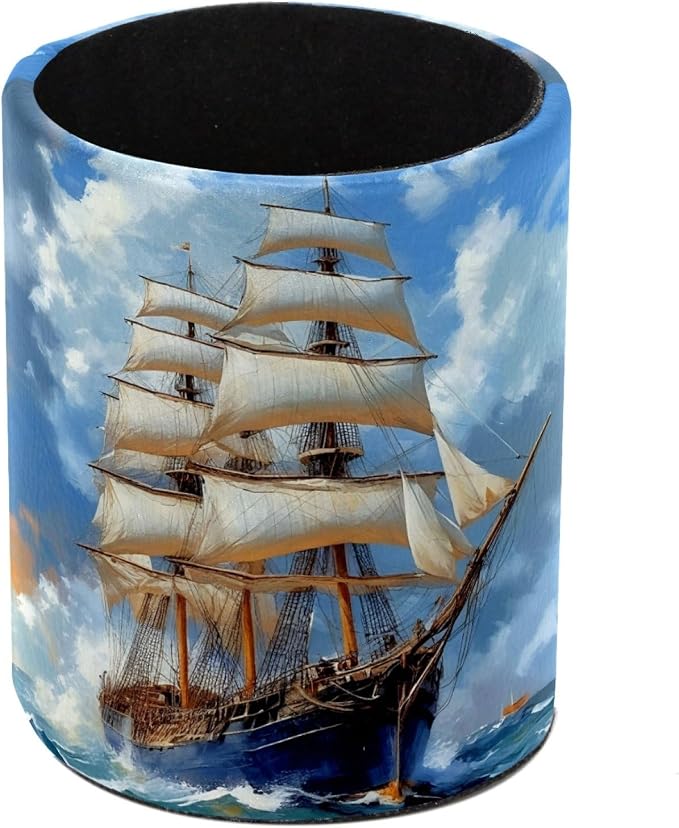 Sea Sailboat Pen Holder Pencil Organizer for Desk, 3.1” x 3.1” x 3.9” Pencil Cup Office Supplies, Large Capacity Cute Pen and Makeup Brush Holder for Home, School, Desktop