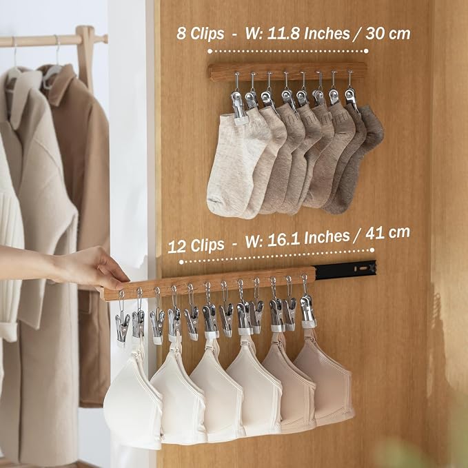Pull Out Hat Rack for Closet, Sliding Hooks Hanger Rack with Clips for Bras Caps Underwear Socks Scarves Gloves Handkerchiefs, Dual Side 8 Clips Rail, 2 Pcs