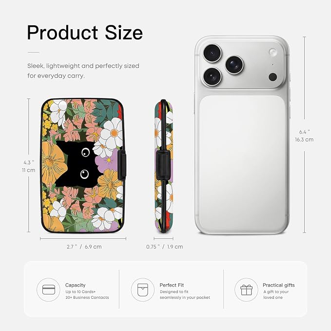 Credit Card Holder for Women Men Cat Hiding in Flowers | Mini Aluminum Card Case, Slim Design, RFID Blocking, Metal Business ID Case