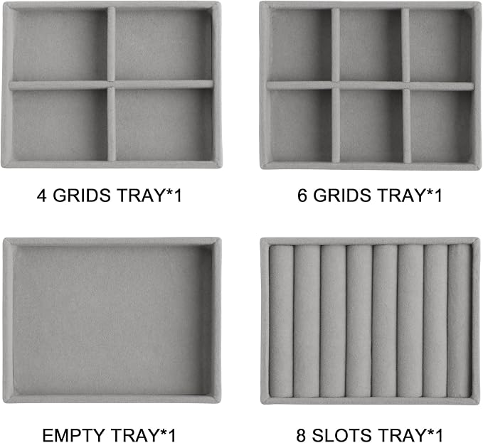 Frebeauty Small Jewelry Organizer for Drawer,Set of 4 Velvet Jewelry Trays | Jewelry Box Inserts,Drawer Inserts,Vanity Drawer Organizer,Mini Size,Stackable Earring Organizer,Adjustable Dividers