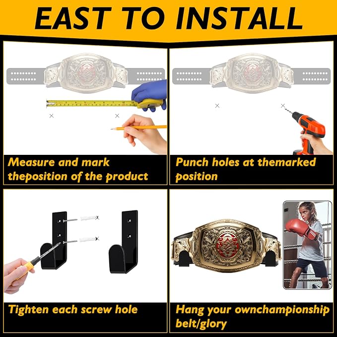 4 Pcs Wrestling Championship Belt Wall Display Holder Belt Horizontal Wall Mount Display Organizer Secure Rack for Wrestling Gifts and Awards