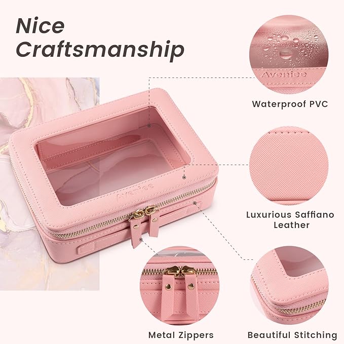 Aveniee Clear Makeup Bag Organizer, Travel Toiletry Bag for Women, Waterproof Cosmetic Pouch with Zippers,Car Accessories Organizers and Storage Case,Pink,Medium Classic