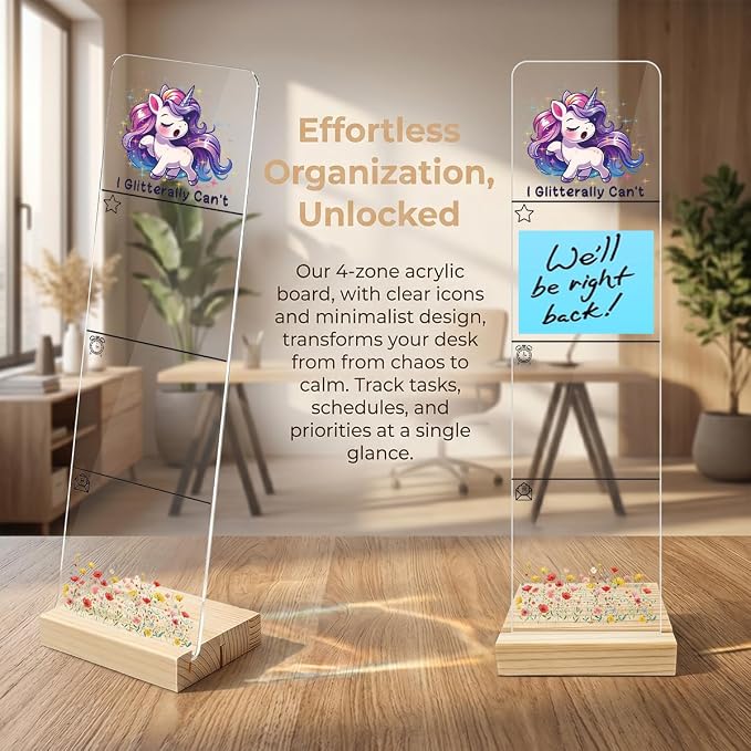 Sticky Note Holder, Monitor Memo Board, Acrylic Post It Note Holder with Wooden Base, Includes 200 Notes, Desk Organizer, Funny Unicorn Quote “I Glitterally Can’t”