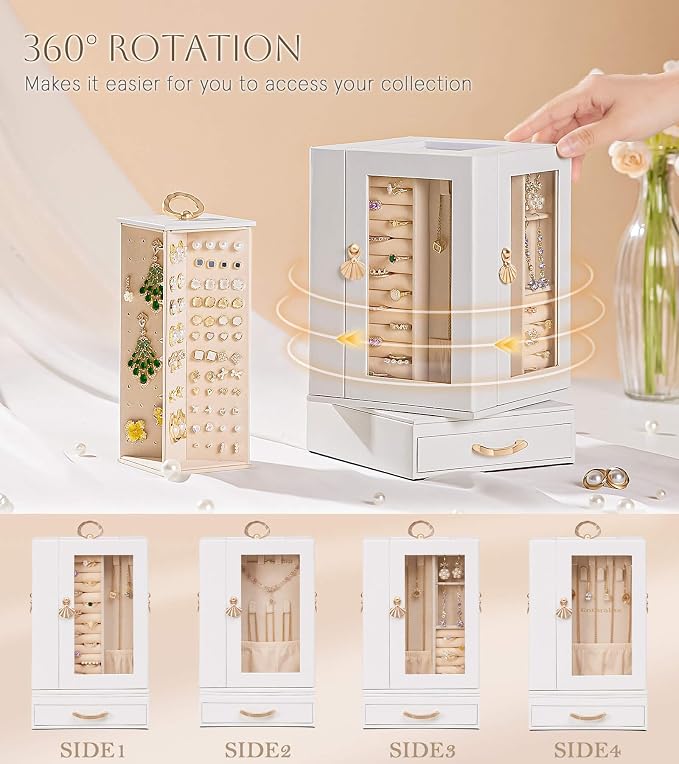 Enthralite Luxury Jewelry Box for Women: 360° Rotating with Clear Window | Compact Jewelry Storage with Drawer - Necklace Ring Organizer with Compartments - Elegant Earring Holder Display Great Gift