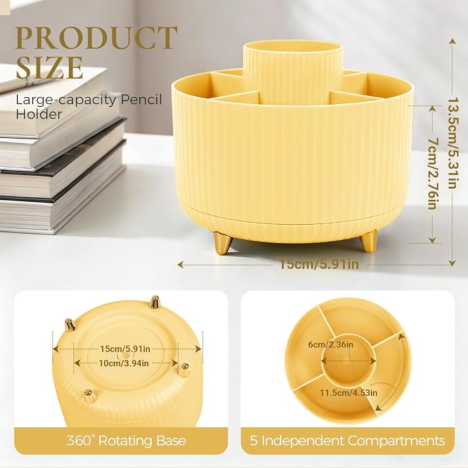KONVINIT Pencil Pen Holder for Desk, 5 Slots 360-Degree Rotating Desktop Organizer, Cute Desk Organizers and Accessories for School, Home, Office and Art Supply, Yellow