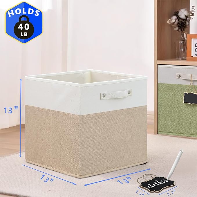 13x13x13 Inch Large Foldable Fabric Linen Cube Storage Bins【4-pack】, with Cotton Handles Closet Bins for Cabinet Shelves Home Organization and Storage bins(White&khaki)