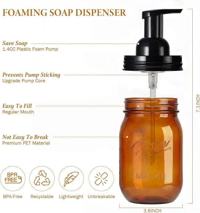 Amolliar Plastic Mason Jar Foaming Soap Dispenser Pump Lid, 16oz Foam Soap Dispenser with Cute Lables - Amber Refillable Hand Soap Dispenser for Bathroom Kitchen Shower (2 Pack, Black)