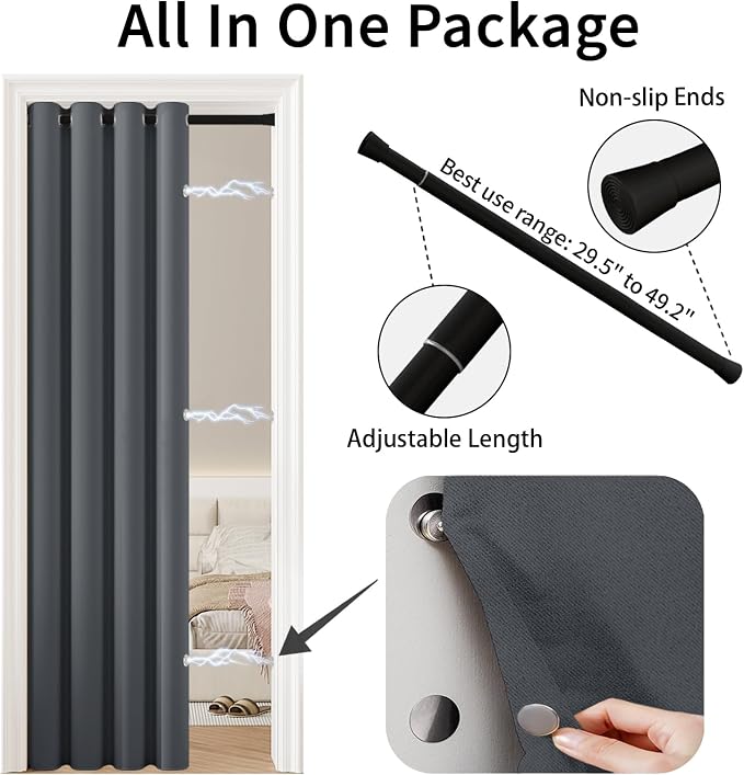 Vatge Magnetic Closet Curtain with Rod - W52 x L76, 1 Panel, Gray | Room Darkening Privacy Curtain for Entrance, Thermal Insulated, Quick Installation