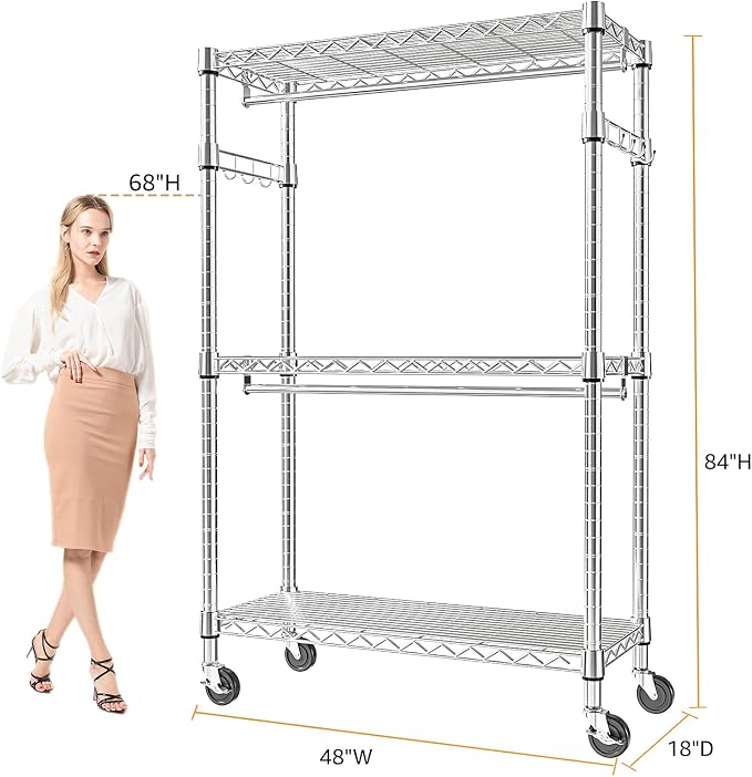 M MZG Heavy Duty Rolling Garment Rack 3 Tiers Adjustable Wire Shelving Clothes Rack with 2 Rods and Side Hooks, Storage Closet Clothing Rack with Wheels Chrome 17.7" D x 47.2" W x 83.6" H