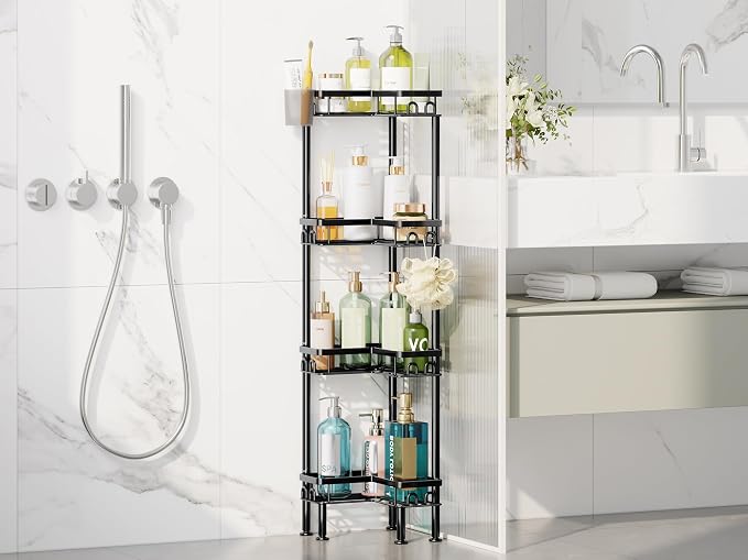 HapiRm Standing Shower Caddy Corner - 4 Tier Corner Shower Organizer with Toothbrush Holder and 16 Hooks, Large Capacity Rustproof Bathroom Shelves for Tall Bottles, Black