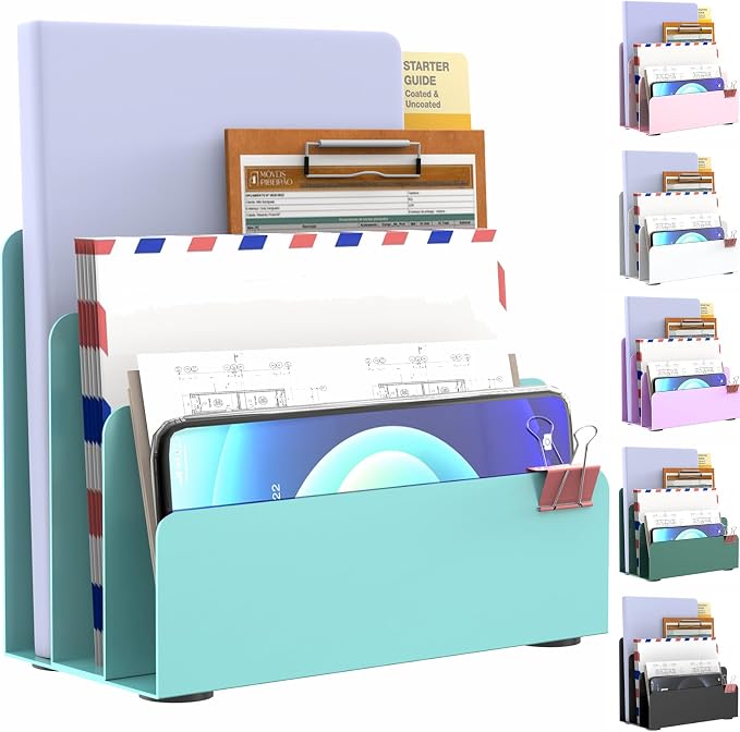 Mail Organizer Countertop | Small Desk File Organizer, Metal File Holder - Essential Workspace Organizers for Office Desk, Home Office (Blue)