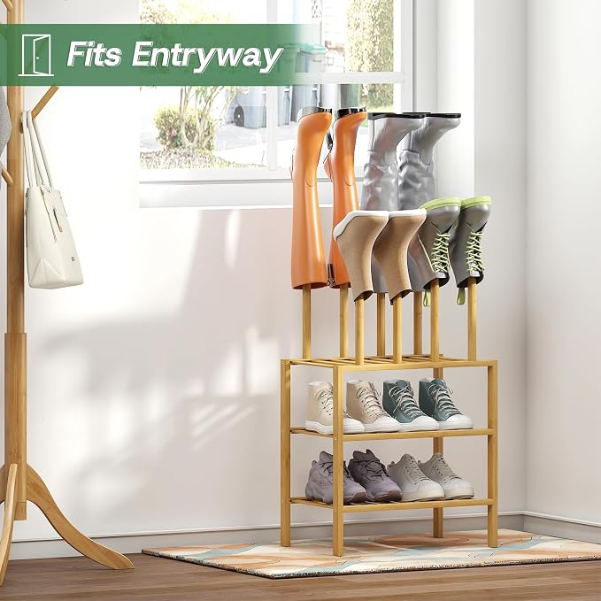 kiplant Small Boot Rack Organizer Tall Boots- 4 Pair Boot Rack Bamboo Wood Shoe Rack for Entryway & Closet, Holds Tall Boots