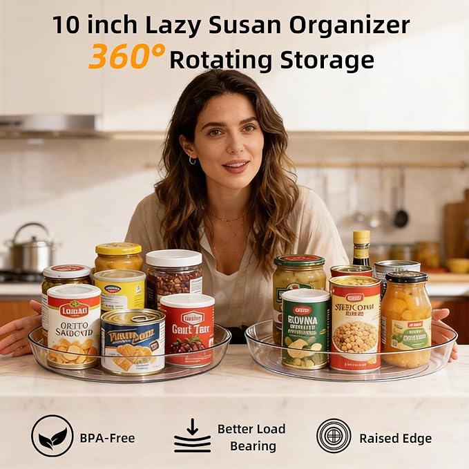 4 Pack Lazy Susan 10 inch Turntable for Spice Organization | Clear BPA-Free Plastic Rotating Organizer for Kitchen Cabinet, Pantry, Countertop, Fridge | 360-Degree Rotating Base