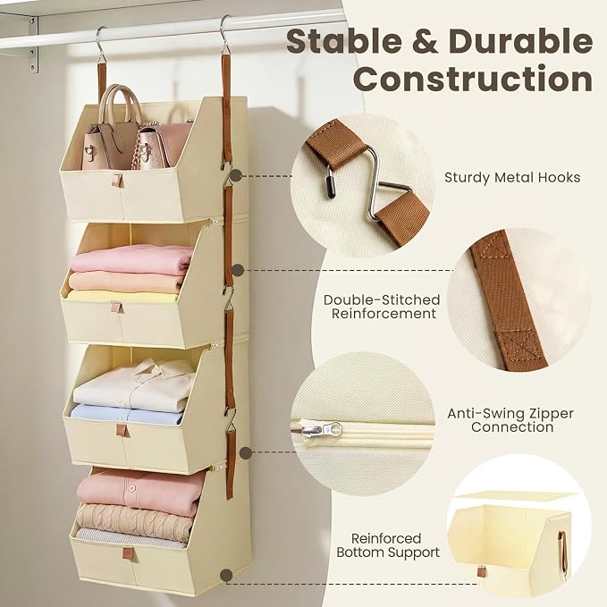 4-Tier Modular Sturdy Hanging Closet Organizer, Heavy-Duty Detachable Clothes Hanging Shelves with Reinforced Zippers and 8 Durable Hooks, Hanging Camper Organizer for Bedroom, RV, Nursery