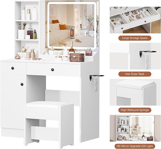 YIKEHOME Small Vanity Makeup Mirror Desk with Stool, Makeup Vanity Table Set with with 3 Lighting Modes & Adjustable Brightness, Dressing Table for Women Girls Bedroom, White