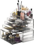 READAEER Makeup Organizer 3 Pieces Cosmetic Storage Case with 6 Drawers (Clear)