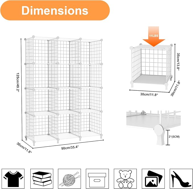 AWTATOS Wire 12 Cube Storage Organizer, Closet Storage Shelves Stackable | Metal Cube Storage Bookshelf, DIY Portable Closet Clothes Organizer, Wire Shelving for Bedroom, Home, Office White