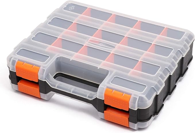 MIXPOWER 34-Compartments Double Sided Organizer with Impact Resistant Polymer and Customized Removable Plastic Dividers, Storage and Carry, Black/Orange