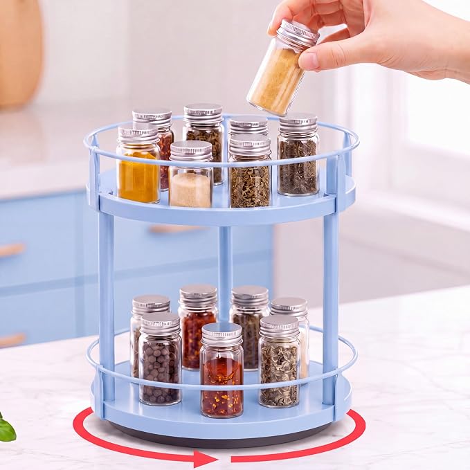Light Blue Lazy Susan Organizer 2 Tier, Spice Rack Lazy Susan Organizer for Cabinet 10 Inch Rotating Spice Holder for Kitchen Countertop Pantry Dining Table Coffee Bar Storage