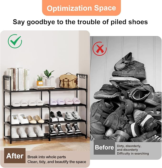 2 Rows 4 Tier Shoe Rack, Black Metal Stackable Shoe Shelf with Multifunctional Hooks, Hold 16-20 Pairs, Space Saving Shoe Organizer for Closet, Bedroom