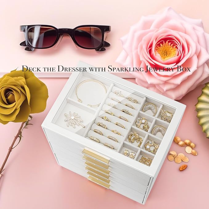 VLANDO 6-Drawer Jewelry Box with Glass Lid, Faux Leather Organizer for Rings Earrings Necklaces and More, Gift-Ready Jewelry Case for Women Girls or Moms, White