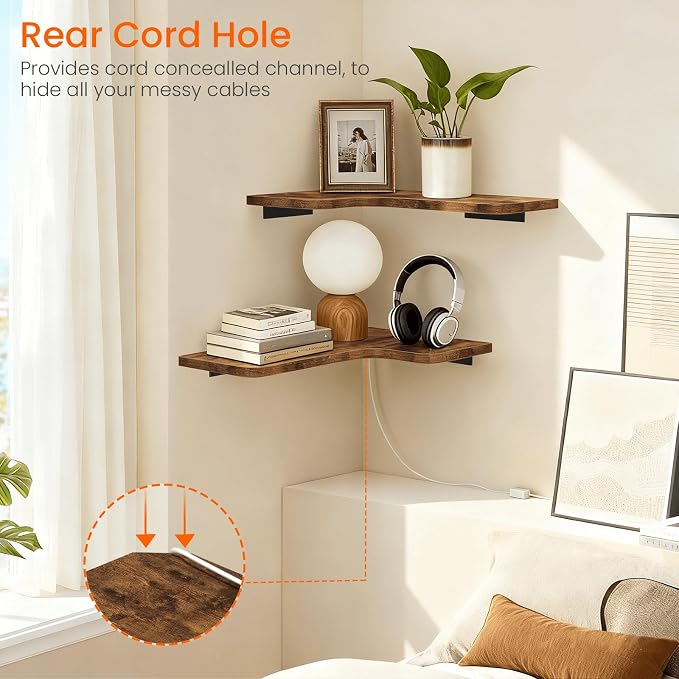 Homode Corner Floating Shelves, Corner Shelves Wall Mounted with Cord Hole, Set of 3 L Shape Wood Wall Storage Shelves for Living Room Bedroom Bathroom Kitchen, Rustic Brown