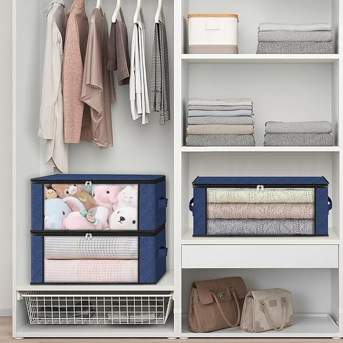 HomeHacks Storage 4-Pack Clothes Organizer Storage Bags Foldable Storage Box with Large Clear Window Sturdy Handles for Closet, Dorm, Pillows, Bedding, Clothes, Blankets, 35L, Blue
