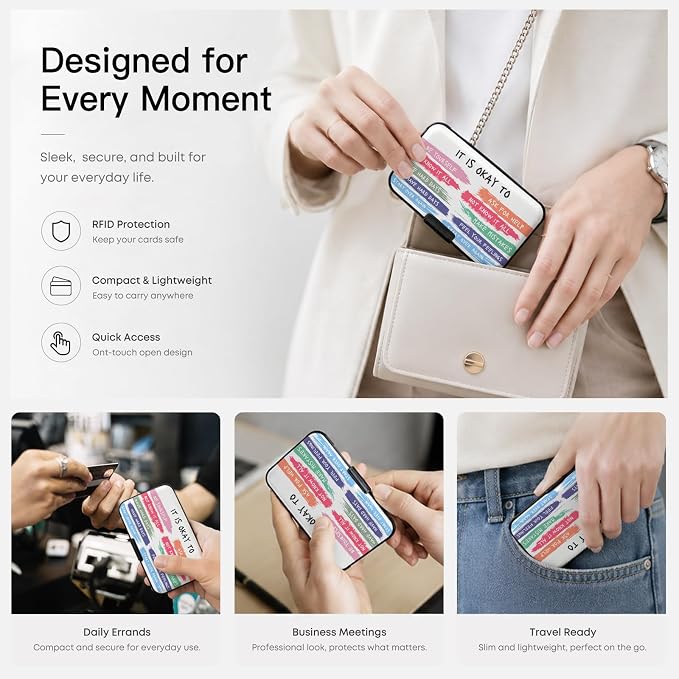 Credit Card Holder RFID Aluminum card case Its Okay mini Wallet Women Men | ABS Business ID Case,Hard Case Large Capacity 6 Slots, Waterproof Durable ，Secure Closure Slim Small Credit Card Protector