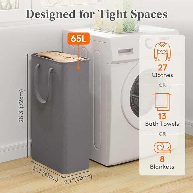 Lifewit Slim Laundry Hamper, Narrow Small Laundry Basket with Handle for Dirty Clothes, Collapsible Tall Thin Laundry Bin for Bathroom Bedroom Dorm College, 65L, Grey