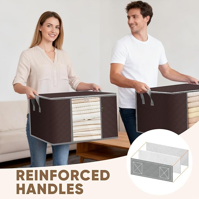 BALEINE 4 Pack Clothes Storage Bags, 24 Gallon Storage Containers with Reinforced Handle, Sturdy Zipper, Closet Organizer for Blanket, Comforter, Pillow, Bedding (Brown, 4 Pack)