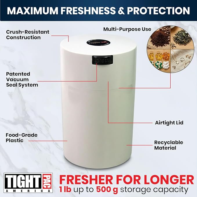 CoffeeVac 1LB – Patented Airtight Container | Multi-use Vacuum container works as smell proof containers for ground coffee and coffee bean containers. White cap and body