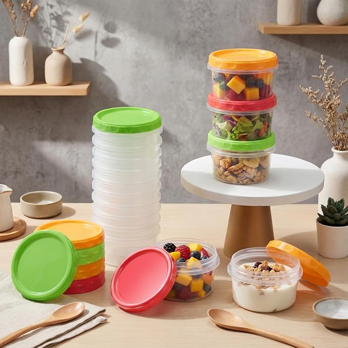 Sieral 6 Pack 8 oz Freezer Containers with Lids Reusable Deli Freezer Storage Containers Stackable Plastic Thick Twist Top Jars for Takeout Food Round Wide Mouth Lunch Snack (Green,Red,Yellow)