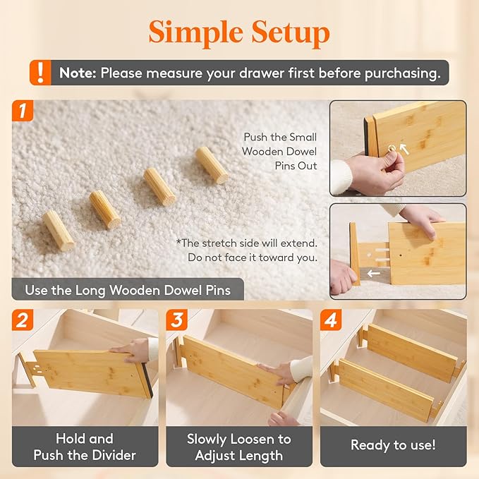 Lifewit 6" High 8 Pack Bamboo Drawer Dividers 45-55cm/17.5-22" Adjustable Wooden Drawer Organizer for Clothes/Utensils, Expandable Drawer Separator for Dresser/Kitchen/Bedroom/Office Organization