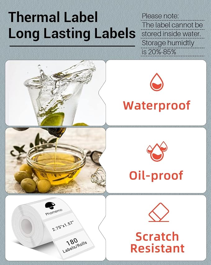 Phomemo Thermal Sticker Labels- 2.75"x1.57"(70x40mm) Thermal Label for M221/M220/M250/M260, for Barcode/Address/Mailing/Logo/Business/Home Tag, Black on White, 1 Roll, 170 PCS