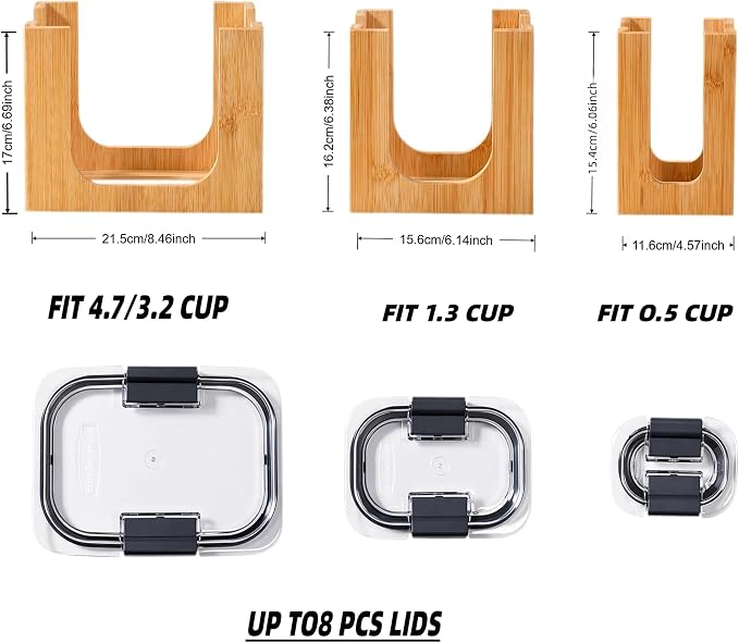 Bamboo Lid Organizer Rack for Rubbermaid Brilliance | 3-piece stackable lid holder, holds 24 lids, fits 4.7/3.2/1.3/0.5 cup, premium warp-resistant bamboo, no assembly needed